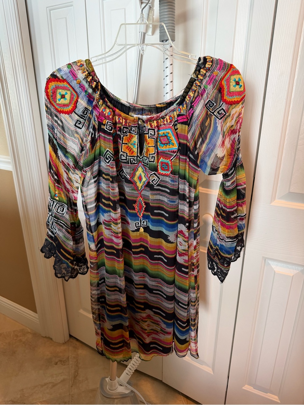 Johnny Was Multicolor Embroidered Boho Long Sleeve Dress